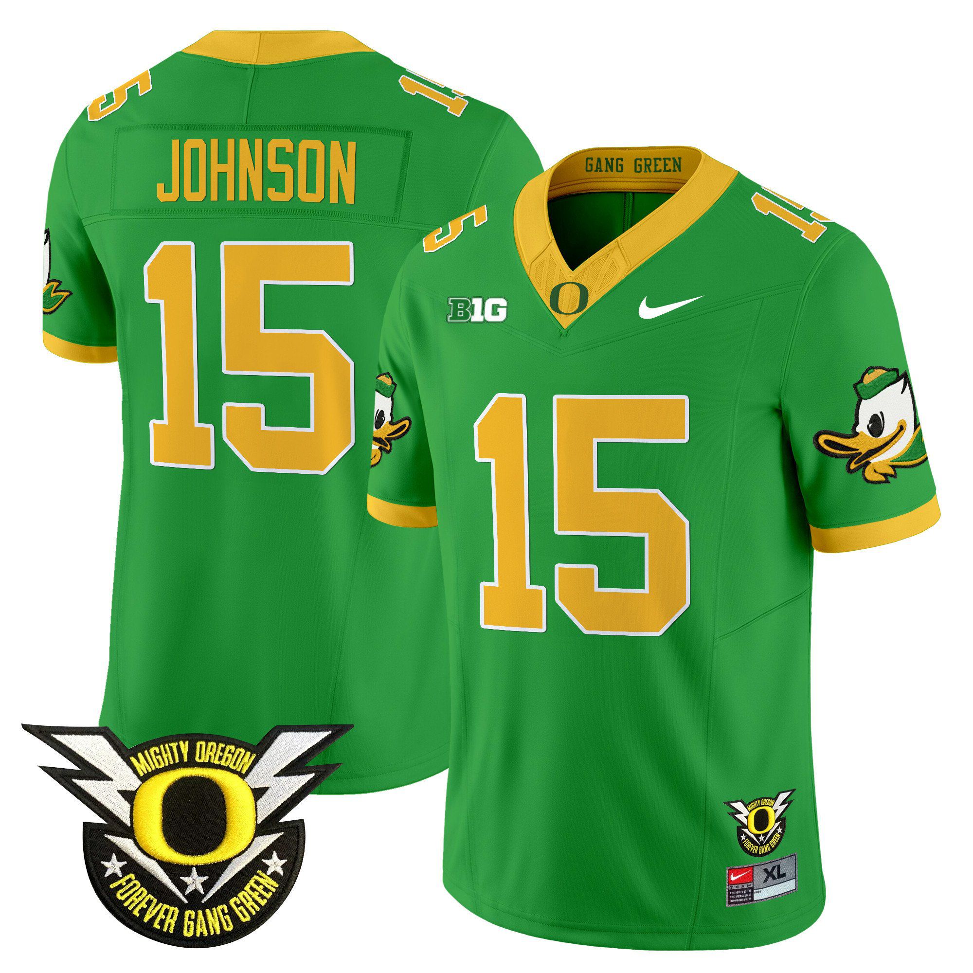 Men Oregon Ducks #15 Johnson Green 2024 Nike Forever Gang Green & BIG Patch Vapor Limited NCAA Jersey